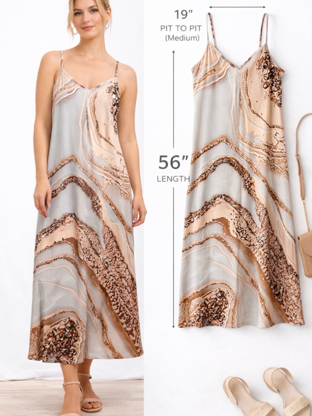 Sleeveless Marble-Print Maxi Dress in Beige and Gray